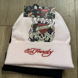 Ed Hardy 2pc‎ NEW Beanie Hat Set Skull Rhinestones Pink Tiger Patch Black OS